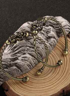 直销新款跨境仿古做旧貔貅黄铜手镯扭纹高级感设计复古百搭汉服镯