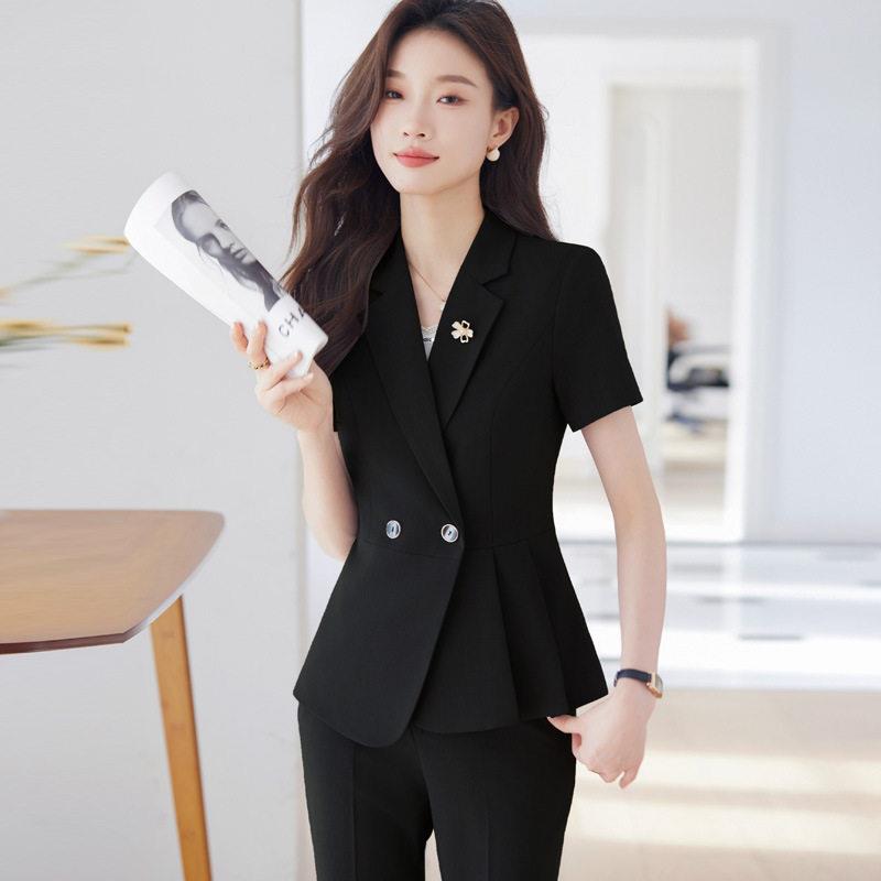 黑色短袖西装套装女夏季售楼部珠宝店工作服职业气质酒店前台工装