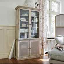 美式复古实木藤编书柜客厅落地书橱储物柜双门玻璃展示酒柜餐边柜