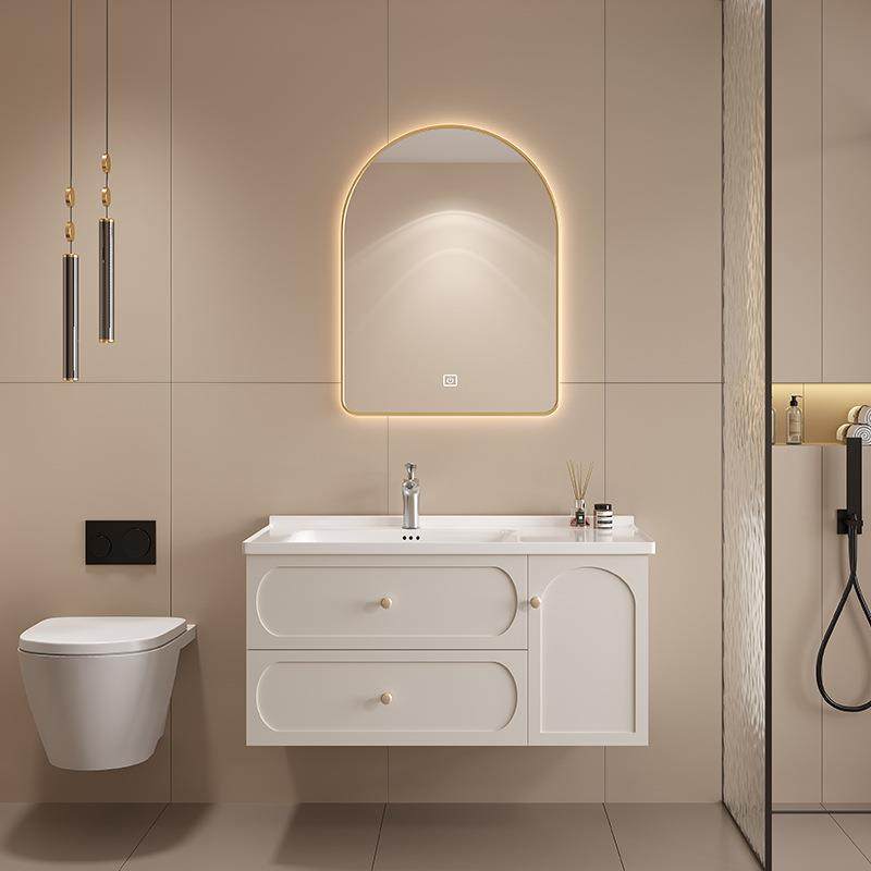 现代简洗约卫间实WWN木生免家漆浴室柜法式拱形智能镜洗漱台用漱