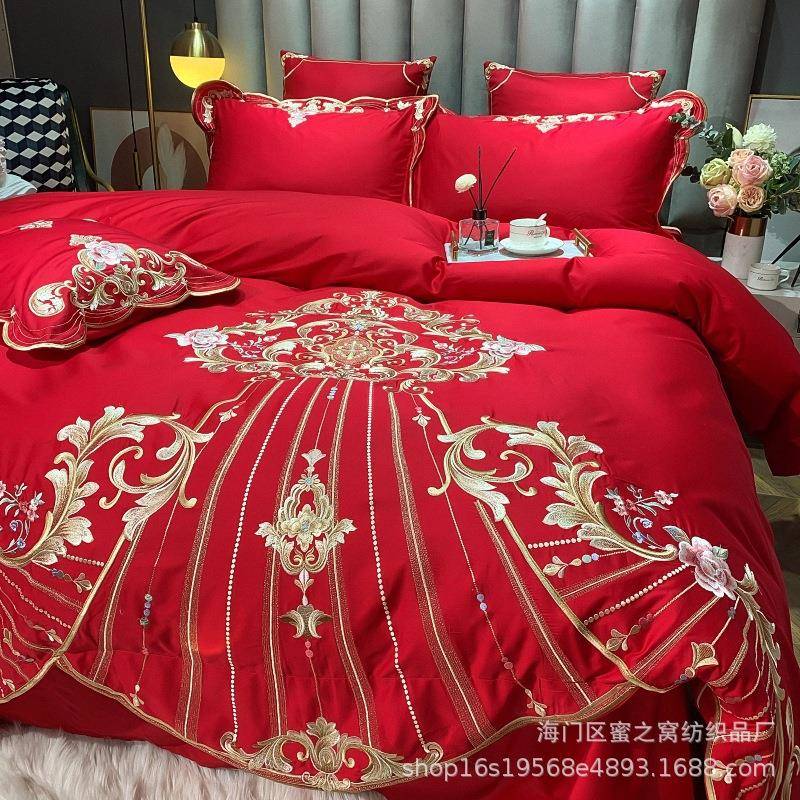 大结婚四件全棉庆刺绣纯婚棉红色套床单被套XSMS4件套新婚房床上