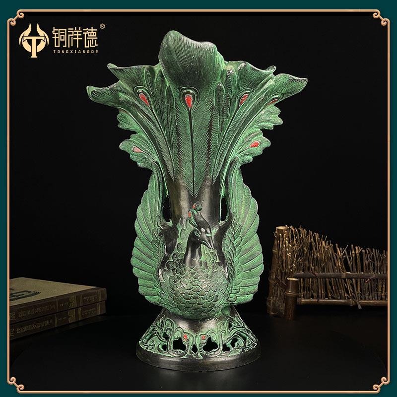 仿古青铜摆件 双凤杯酒樽吉祥鸟尊花瓶 古玩装饰工艺品花插笔筒