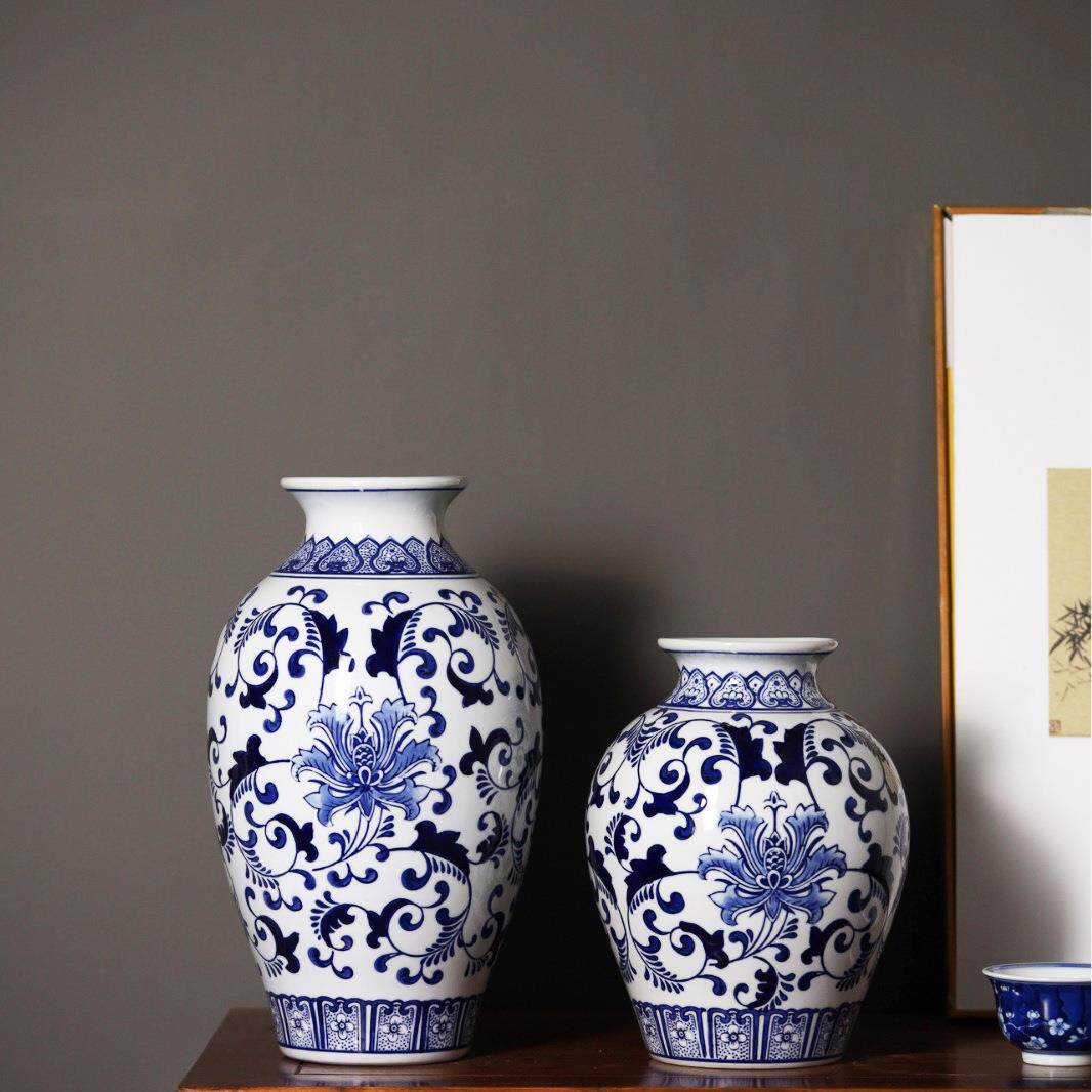 中式台面仿古青花瓷花瓶摆件装饰品工艺品陶瓷摆件复古花插插花器