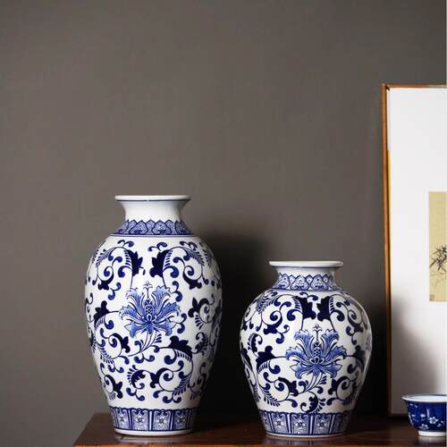 中式台面仿古青花瓷花瓶摆件装饰品工艺品陶瓷摆件复古花插插花器