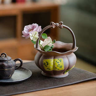 陶瓷茶渣缸茶桌花篮摆件果篮 昌朴居纯手绘黄菊老岩泥果篮家用中式