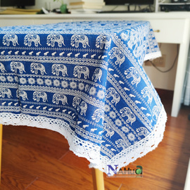 民族风蓝色小象棉麻印花桌布东南亚民俗装饰茶几布复古餐桌布