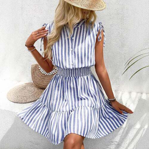 Female blue and white striped shoulder waist cinched