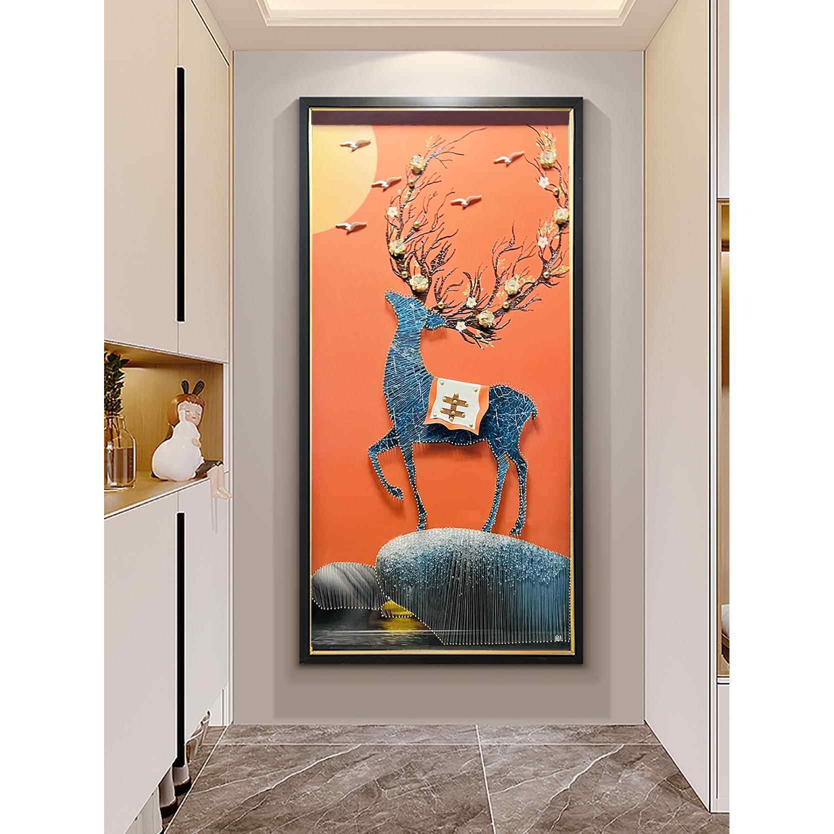 2025高雅门厅装饰画现代简约实体立体走廊壁画鹿马手工挂画