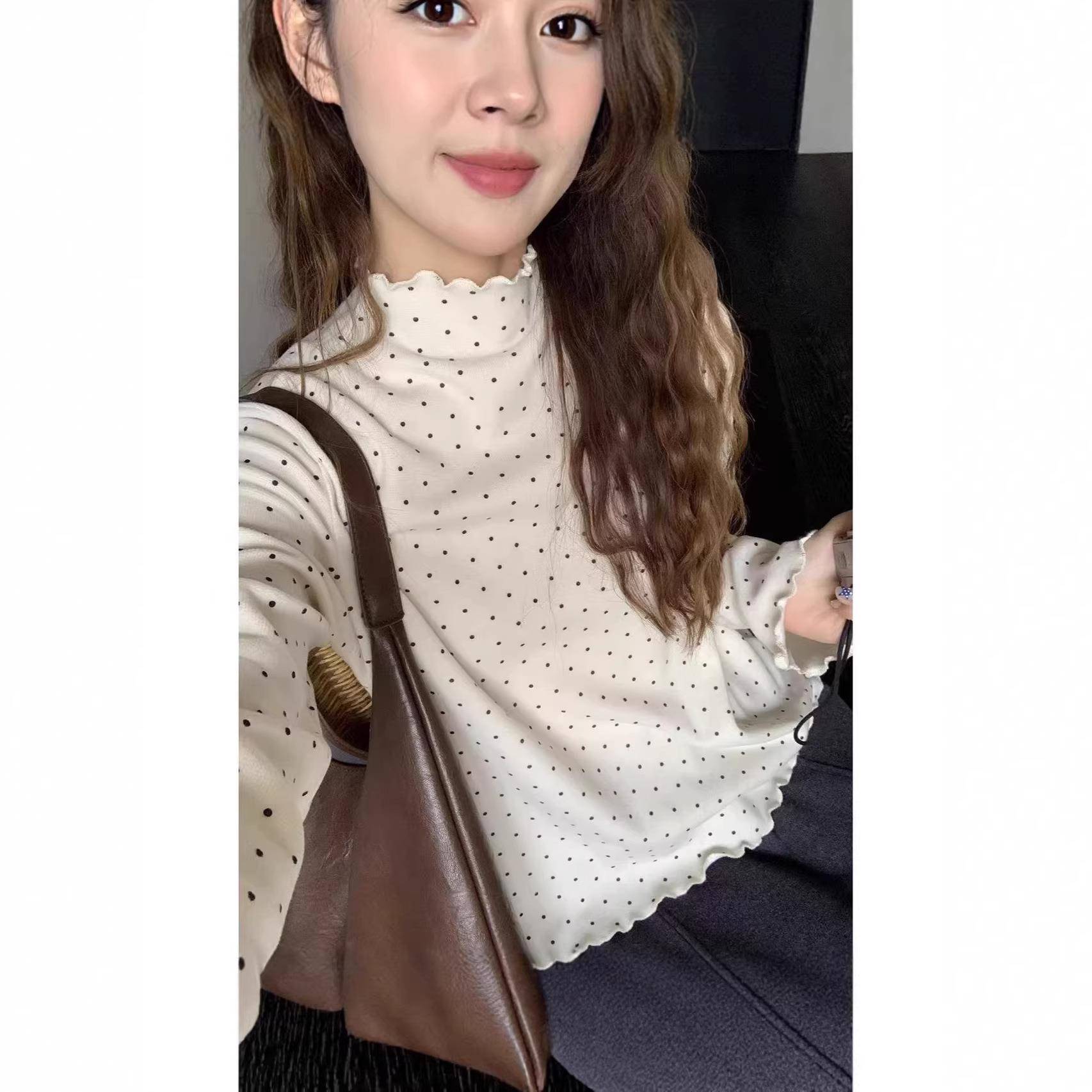 波衣点半木耳边高领打底衫女新款秋季内搭小圆点学生上长袖潮