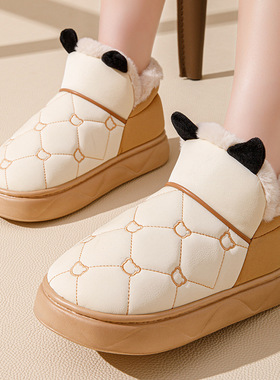 包跟棉拖鞋男女款冬季新款皮面防水防滑厚底居家情侣加绒加厚棉鞋