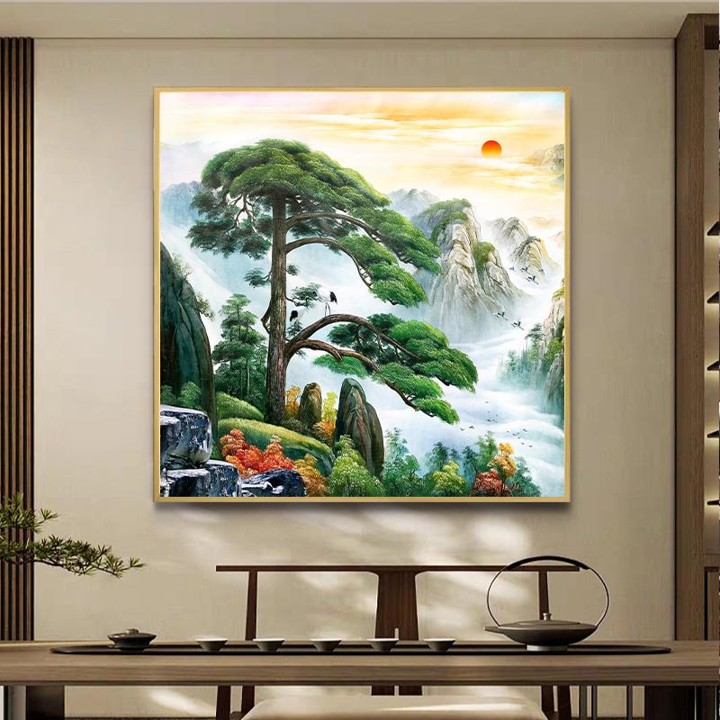 壁画松树绿水青山山水迎客松客厅装饰画挂画办公室中式风景画玄关