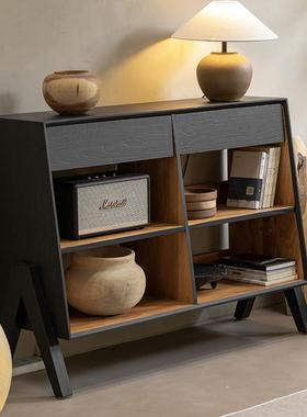 叕也 侘寂风实木餐边柜日式茶水柜茶室橱柜储物柜子碳化黑色斗柜