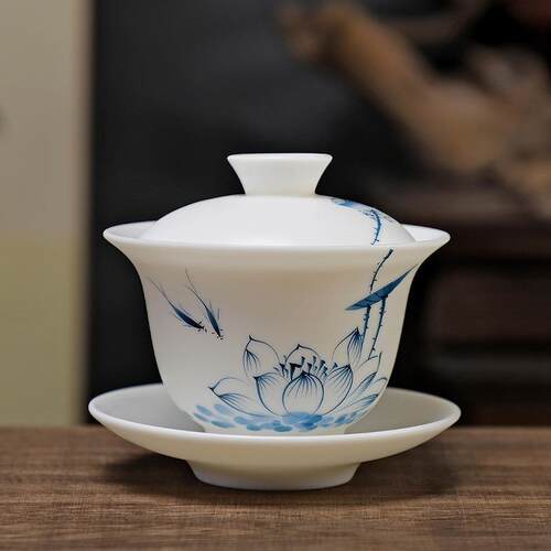 羊脂玉素烧三才盖碗茶杯德化白瓷单个高档茶具套装功夫碗带盖陶瓷