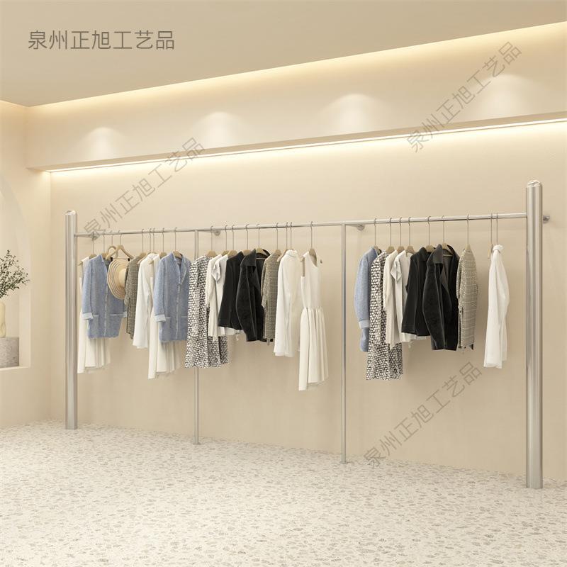 服装店展示架落地式不锈钢大管上墙挂衣杆女装店货架陈列道具架子