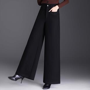 大脚长裤 高档轻奢羊毛呢阔腿裤 高腰宽松直筒休闲裤 时尚 女士秋冬款