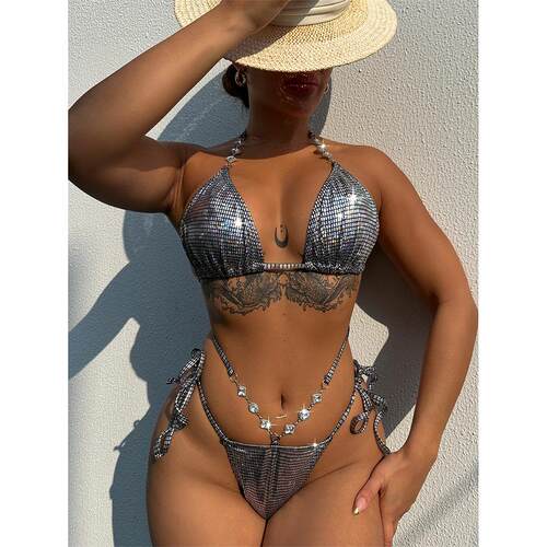 Silver shiny bikini chain decoration women's swimsuit