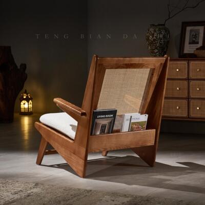 北欧藤编休闲椅单人椅实木客厅沙发椅昌迪加尔侘寂风家俱阳台椅子