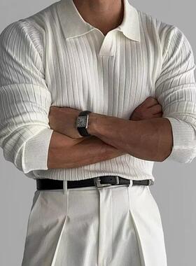 Men's Striped Knitted Polo Shirt with Ribbed Collar, Long
