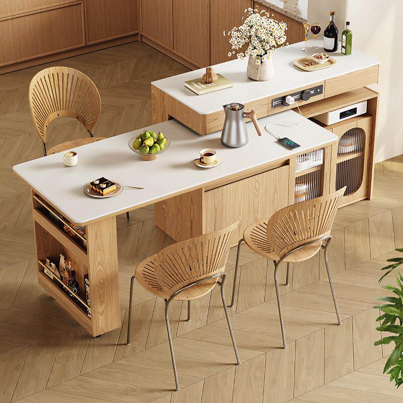 实木可伸缩岛台餐桌一体家用小户型中古风岩板旋转多功能吧台餐桌