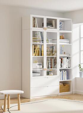 W7实木书柜带玻璃门客厅储物柜子美式儿童书架家用组合柜书