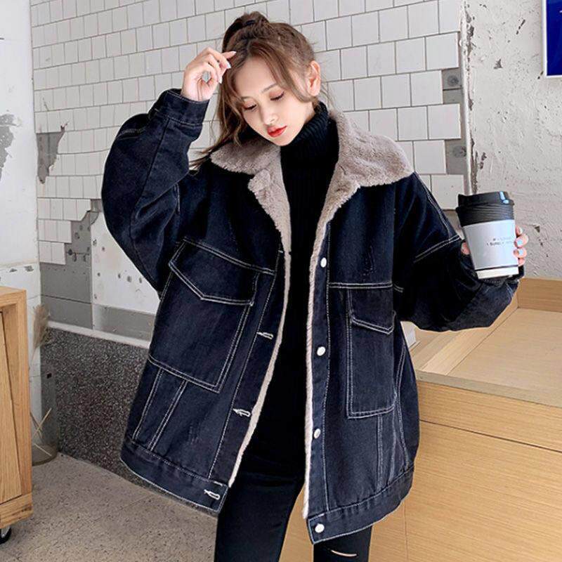 欧洲站大码外套女2025年秋冬新款加绒加厚中长款胖mm牛仔棉服上衣