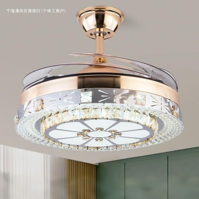 新款水晶风扇灯餐厅吊扇灯一体带灯吊扇客厅卧室电风扇吊灯隐形