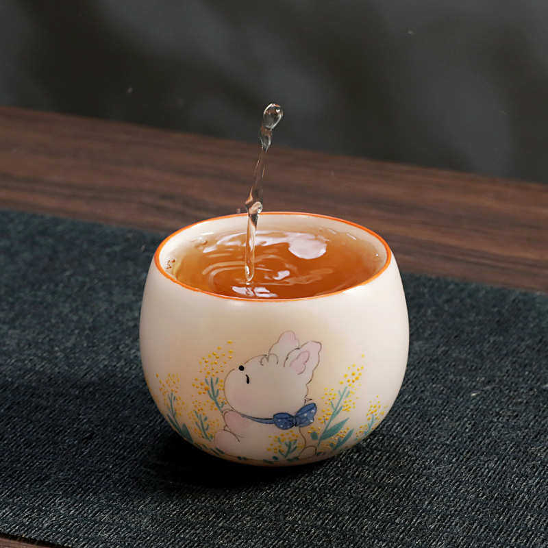 汝窑手绘杯子陶瓷茶具可爱卡通主人杯可养开片功夫茶杯客杯个人