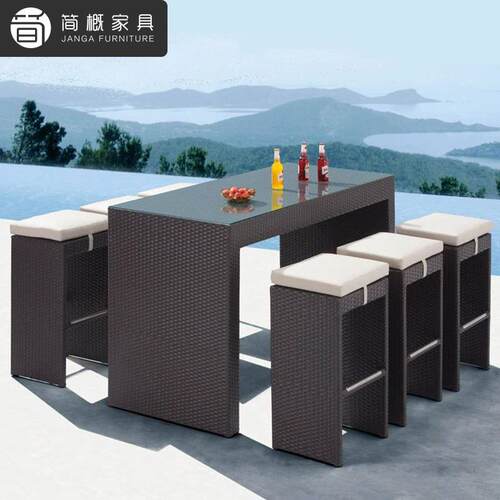 室内吧台椅户外露天餐厅酒吧高脚桌椅别墅阳台藤编收纳组合桌椅