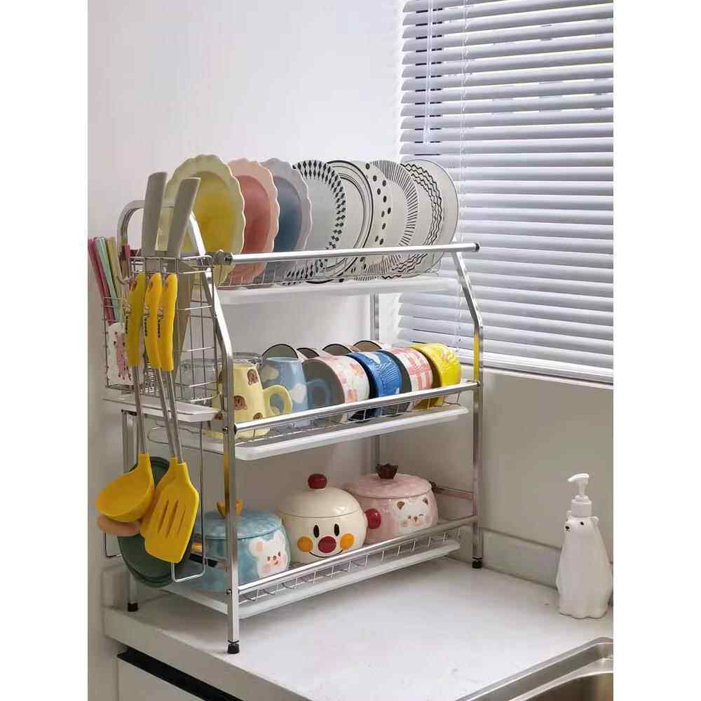 厨房不锈钢色沥水碗碟架 三层多功能刀具砧板筷子收纳置物架碗架