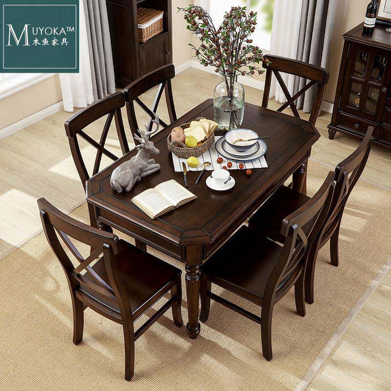 0J美式实木餐桌实木美式乡村餐桌餐椅组合简约餐厅小户型饭桌儿