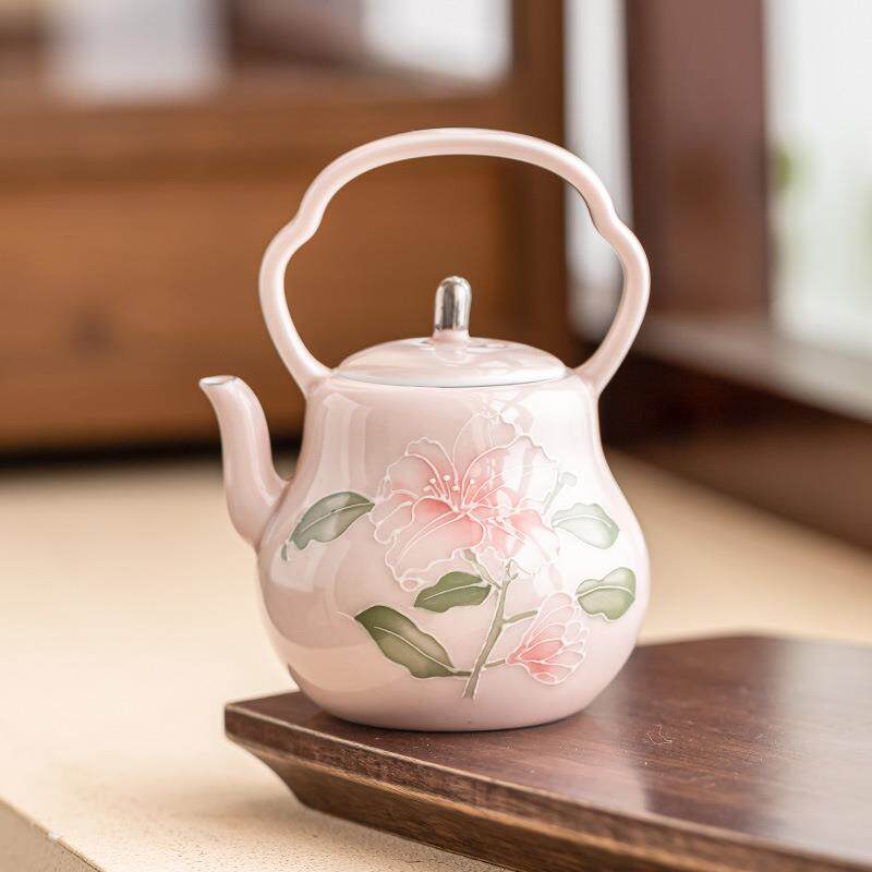 手绘堆雕粉百合提梁壶家用手绘陶瓷茶壶单壶高档带过滤茶具泡茶壶