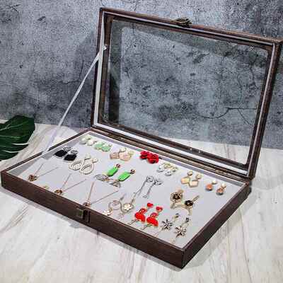 新款复古色木纹革首饰收纳盒项链戒指耳钉手饰皮展子示品盒大容量