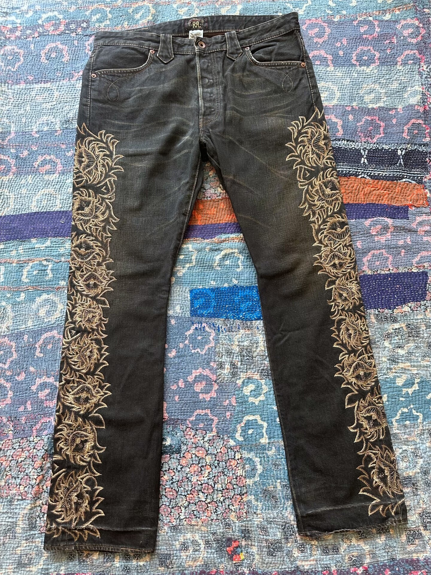 RRL Dark Denim Embroidered Straight Jeans
