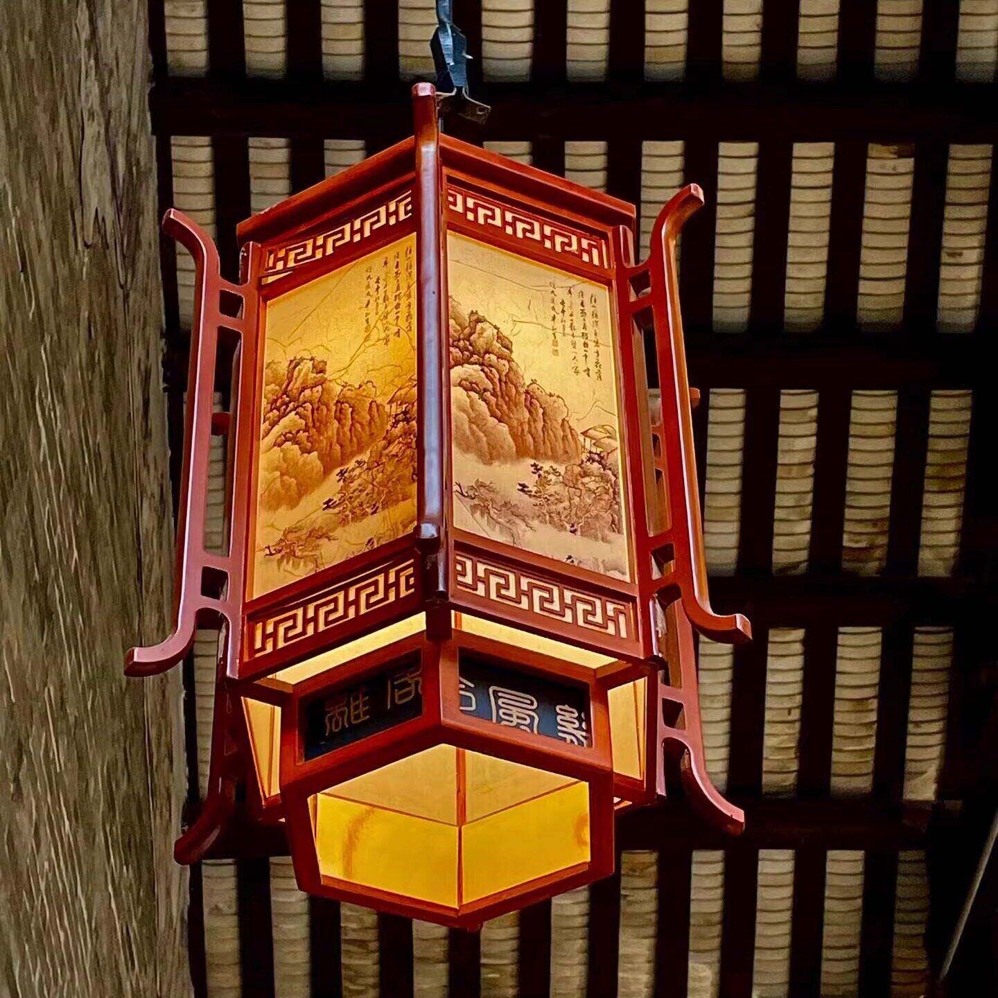 中式徽派庭院走廊彷古六角宫灯寺庙祠堂博物馆实木吊灯古园林灯笼