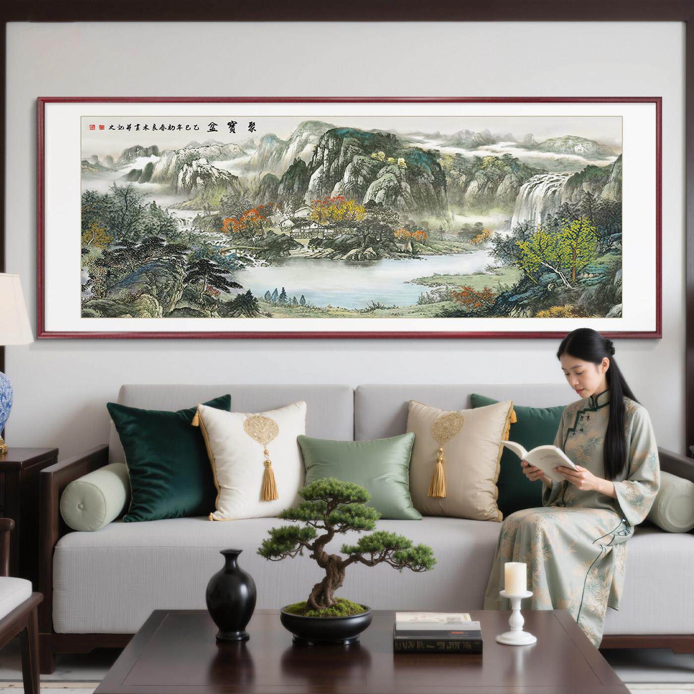 聚宝盆山水画客厅挂画西墙聚财沙发背景墙装饰画新中式办公室壁画