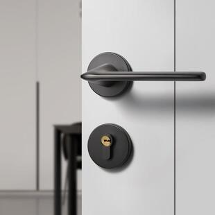 简约卧室门锁室内房间木门门把手灰色磁吸静音家用黑色两件式 房门
