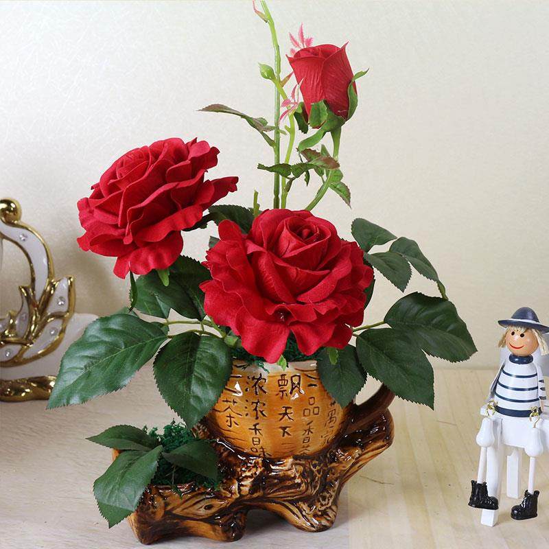 高档真仿花束瑰绢玫花套装摆件客厅室内摆件料餐桌塑陶瓷花盆加玫