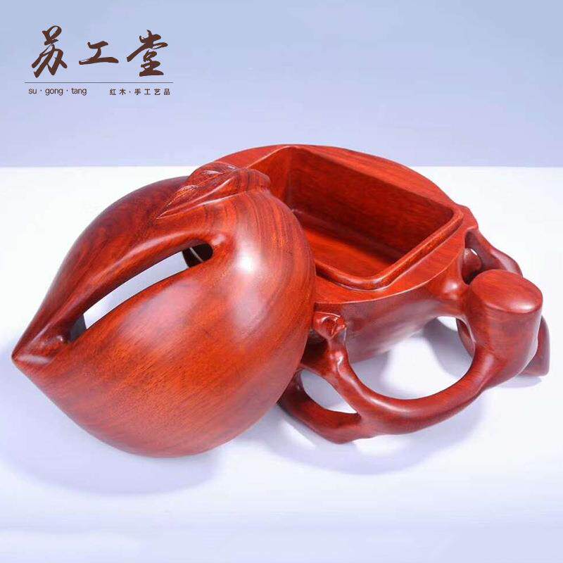 花梨木寿桃抽纸盒 家用实木雕刻抽巾盒木质工艺品送长辈寿礼