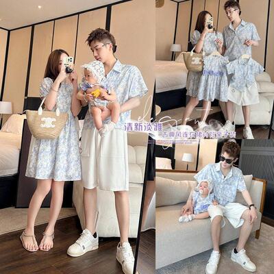 亲子装2025夏季洋派时髦母女装中国风蝴蝶结小碎花洋装一家三口