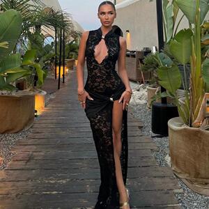 Women's Floral Lace Semi-sheer Dress, Elegant Lady Sexy Slim
