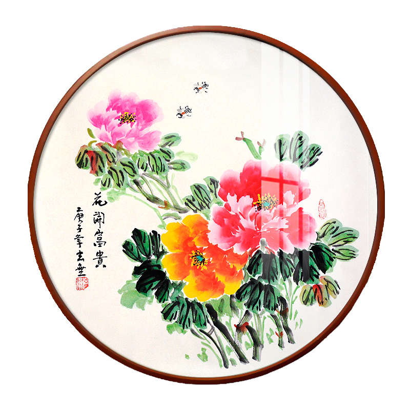 装饰牡丹沙发挂画新圆形兰花壁画手绘玄关客厅国画中式餐厅花鸟画图片