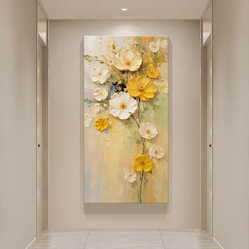 手绘油画抽象花卉肌理客厅装饰画奶油风橙黄色花朵入户玄关挂画