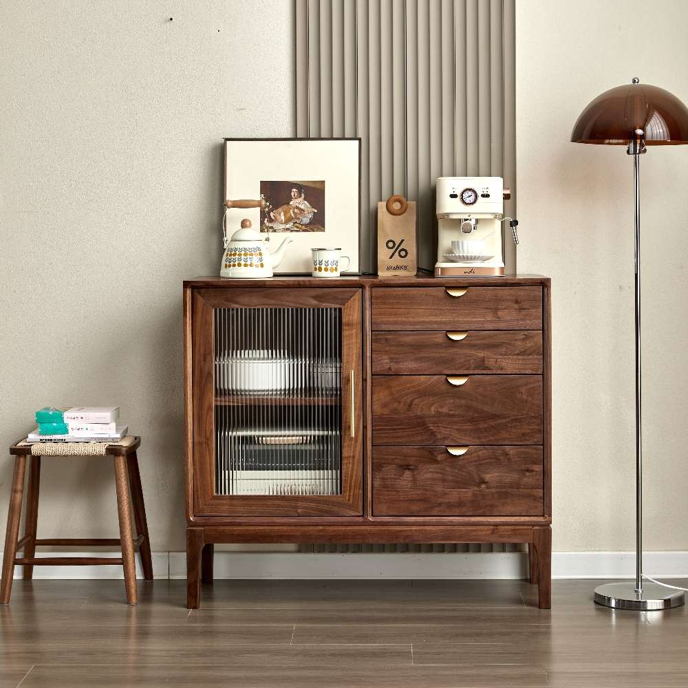 黑胡桃木边柜北欧日式茶水柜客厅轻奢实木简约现代酒柜储物收纳柜