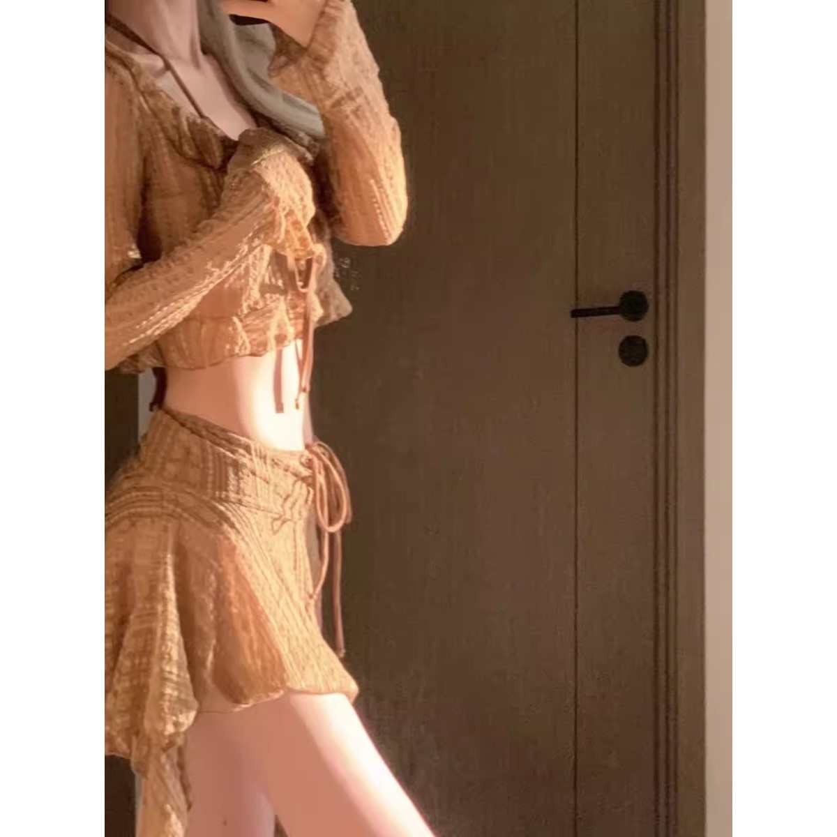 mosricci裙式分体泳衣带胸垫四件套女蕾丝性感保守遮肉防晒比基尼