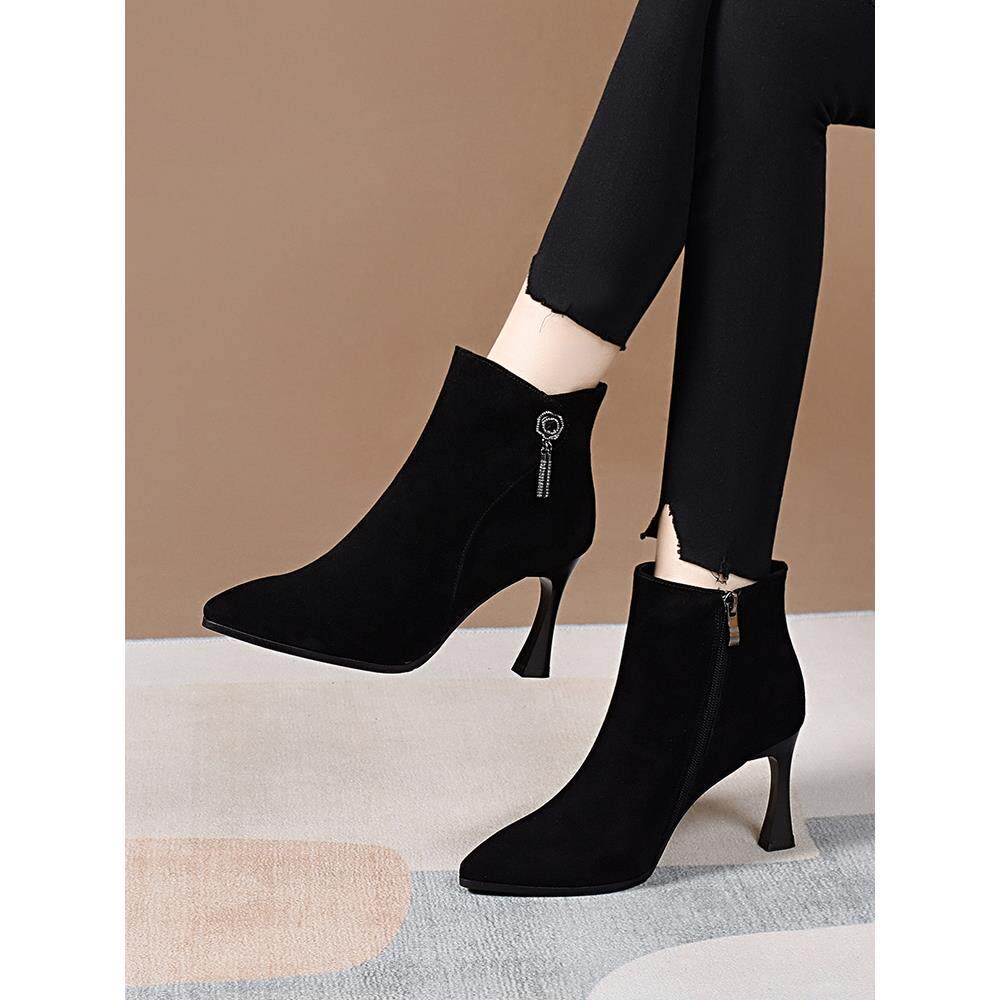 QVU~专柜品质！轻奢磨砂及踝短靴秋冬新款法式名媛尖头时尚瘦瘦靴