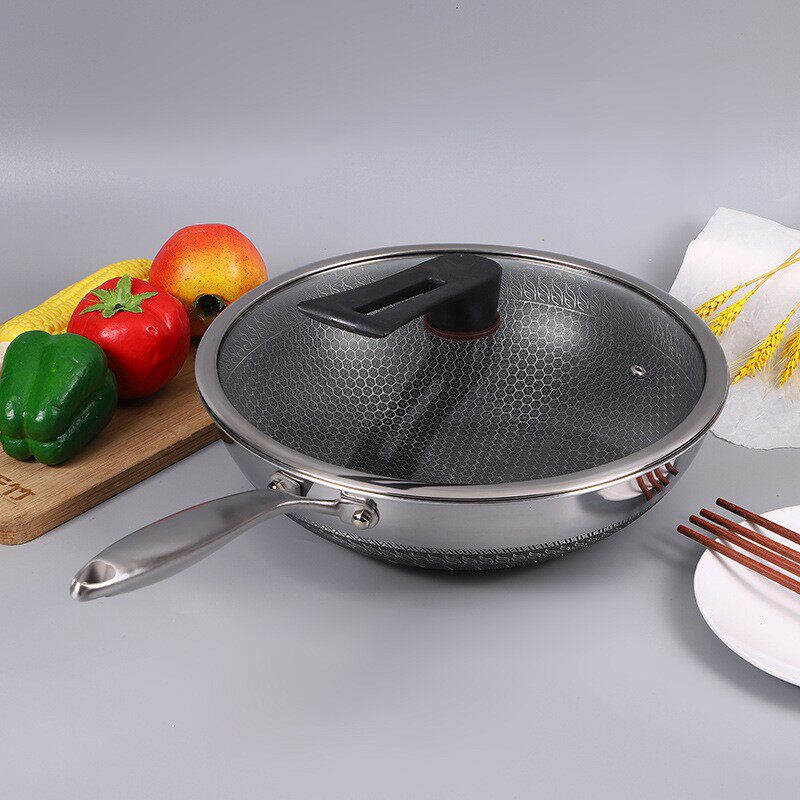 源头厂家双面蜂窝316不锈钢炒锅不粘锅家用炒菜锅不锈钢炒锅
