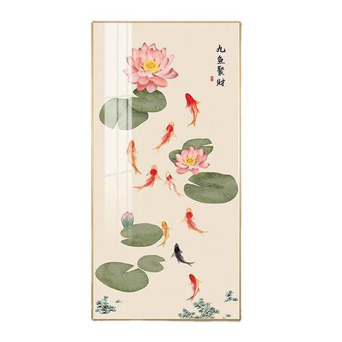 中式玄关装饰画大气九鱼图走廊挂画柿柿如意正对门过道墙壁玄关画