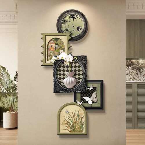中古风玄关装饰画绿植走廊过道挂画法式复古高级感异形入户门壁画