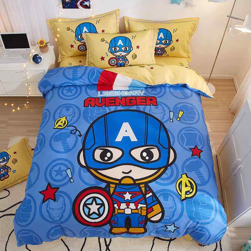 新款卡通四件套蜂全棉纯笠棉男孩儿童超人舍三件套床大黄床上宿用