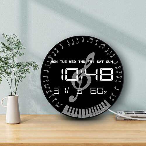 钢琴音符图案简约客厅挂钟电子多功能家用时钟带温度湿度静音墙钟